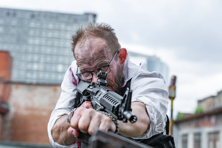 Powerful man Holding Gun. War Action Movie Style