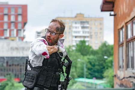man dressed in a bulletproof vest, a shirt in his blood, pursues a victim with a gun Action Movie...