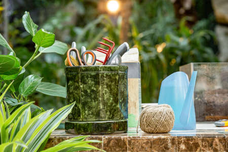 A lot of garden accessories on the table in greenhouseの写真素材