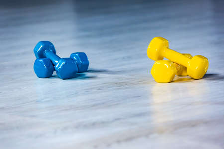 Colorfull modern dumbbells on a wooden floorの写真素材