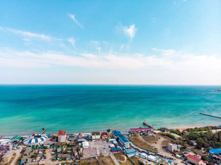 Aerial view of a resort town on the seashore.の写真素材