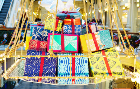 New Years decorations with a lot of gift boxesの写真素材