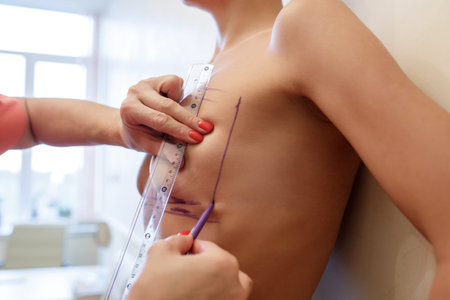 Doctor makes dotted line on female body before operation.の写真素材