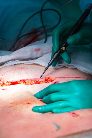 Surgical operation abdominoplasty. Surgical removal of fat tissue from the abdomen
