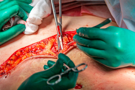 Surgical operation abdominoplasty. Close-up of the patient on the operating table, surgical removal...