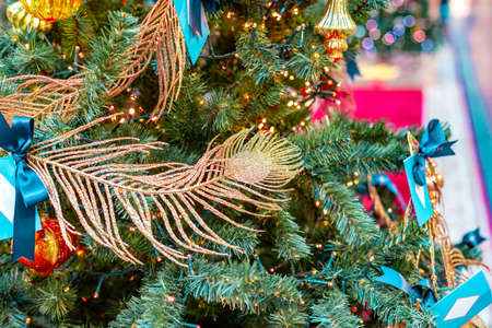 Christmas tree decorations. Christmas tree with beautiful shiny Toys. Winter holidays concept.の写真素材