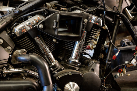 Engine close up shot of beautiful and custom made motorcycle