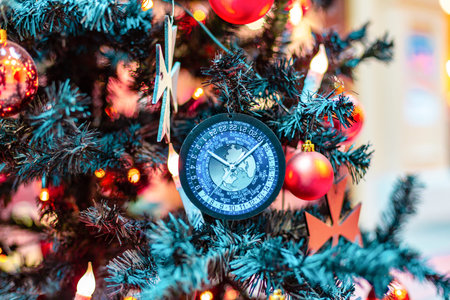 Christmas tree decorations. Christmas tree with beautiful toys and compass. Winter holidays concept.
