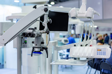 Dental microscope on the background of modern dentistry. Medical equipment. Dental operating...