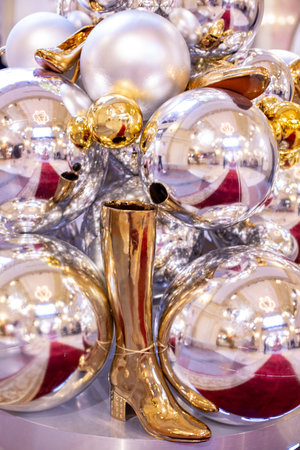 Closeup on Christmas tree decoration over festive backgroundの写真素材