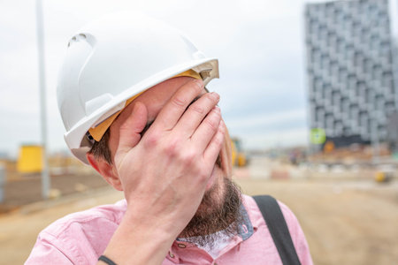 Portrait of architect at work with helmet with funny face in a construction site,reads the plan.