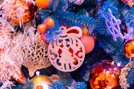 Closeup on Christmas tree decoration over festive backgroundの写真素材
