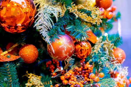 Closeup on Christmas tree decoration over festive backgroundの写真素材