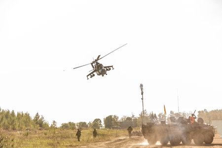 military helicopter flying during exercise performing a military demonstration