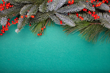 Christmas composition. Christmas green decorations, fir tree branches with bumps on green...