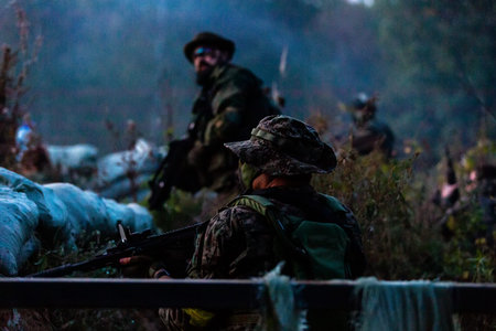 Army soldiers during the military operation. war, army, technology and people concept