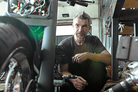 Side view portrait of man working in garage repairing motorcycle