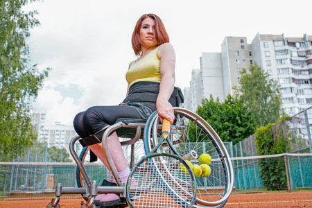 Disabled young woman on wheelchair playing tennis on tennis court.