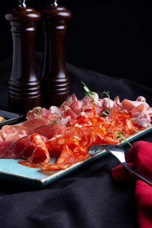 assorted cold meat, prosciutto, slices ham, beef jerky, salami, meat and mustard on black...
