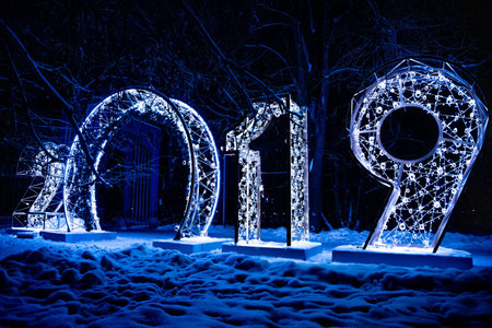New year decoration, Closeup on 2019, outdoor garland