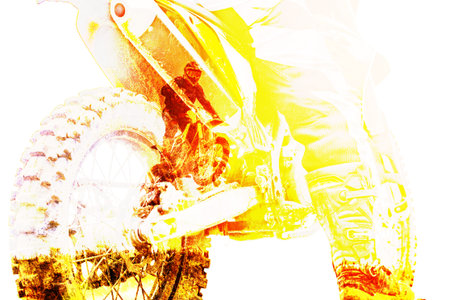 Double exposure with Man riding a motorcycle with racer jumps and takes off on springboard