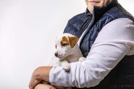Horizontal portrait of handsome cheerful man holds jack russell terrirer, has glad expressionの写真素材