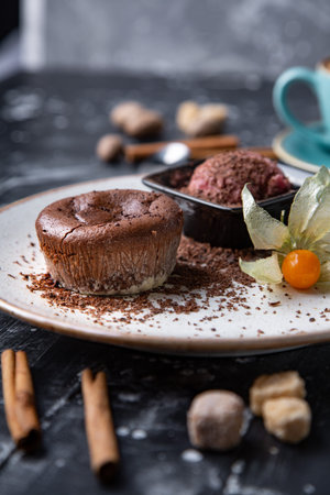 Chocolate lava cake Molten with ice cream on plate and cappuccino. Balls of ice cream in cup . Dark...