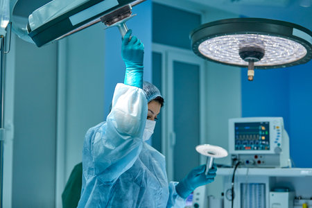 Surgery. The operating sister adjusts the light over the operating table