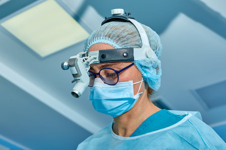 Close up portrait of female surgeon doctor wearing protective mask and hat during the operation....