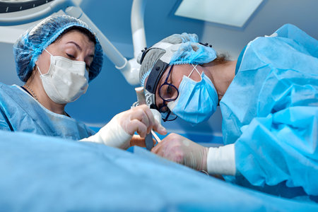 surgery, medicine and people concept - group of surgeons at operation in operating room at hospital