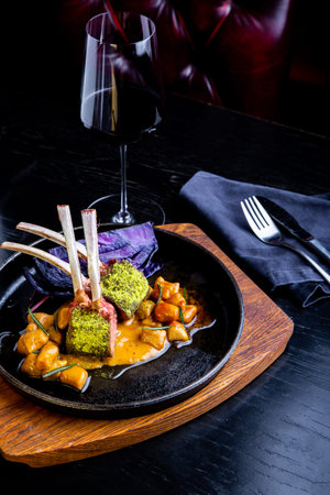 Close up of lamb chops with vegetables with a sauce of caramel, pepper and spices in a restaurant...
