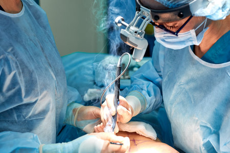 Team of surgeons makes an invasive operation. Portrait of surgeons close-up. Work with a coagulating...