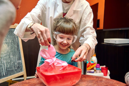 Chemical show for kids. Professor carried out chemical experiments with liquid nitrogen on Birthday...