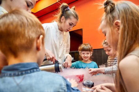 Chemical show for kids. Professor carried out chemical experiments with liquid nitrogen on Birthday...