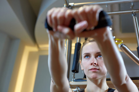 gym woman pilates stretching sport in reformer bed instructor girl. Selective focus on hands