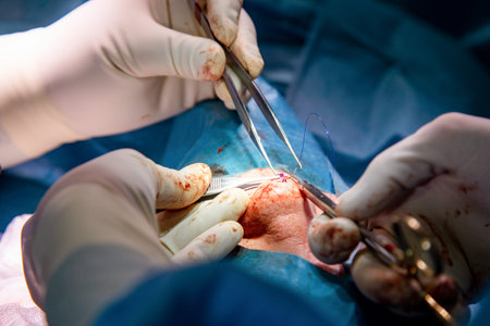 Rhinoplasty close-up of nose surgery. The hands of the surgeon working tools in white gloves,...