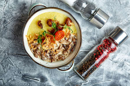 Beef stroganoff with mashed potatoes in a pot. top view, stone backgroundの写真素材