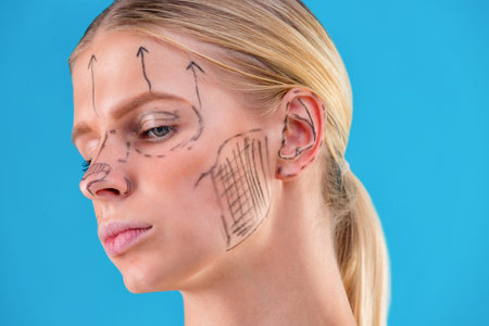 Beautician draw correction lines on woman face. Before plastic surgery operetion. Isolated on blue