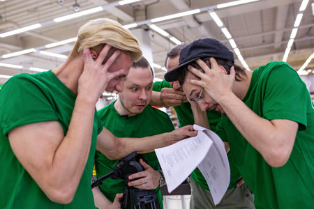the team is shocked by the script, reading papers. backstage.