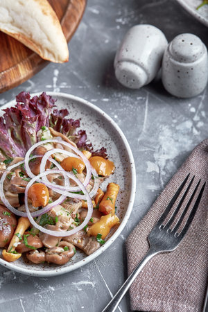 marinated mushrooms and onions in a plate on a grey backgroundの写真素材