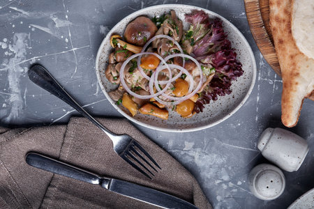 marinated mushrooms and onions in a plate on a grey backgroundの写真素材