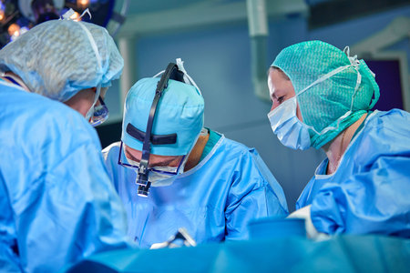 Surgeon performing cosmetic surgery in hospital operating room. Surgeon in mask wearing loupes...
