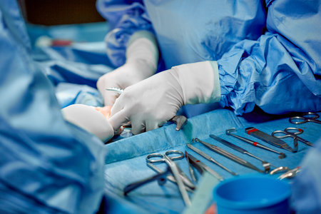 Surgical instruments and instruments, including scalpels, forceps and forceps, located on the table...