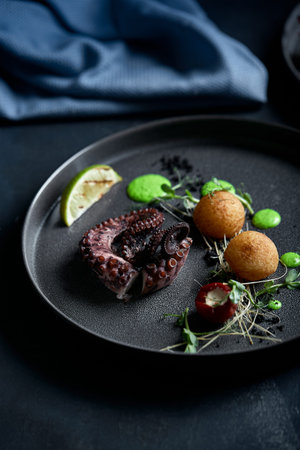 grilled octopus, low key. Copy space, food fashion photo, food advertisement.