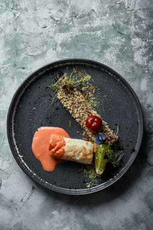 Black cod steak with tomato sauce and buckwheat popcorn, top view on a plate. Copy space, gray...