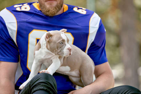 American football player with a dog posing on camera in a park. Copy space, sports banner. Concept american football, sport for the protection of animals.の写真素材