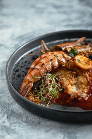 Grilled king prawns, with tomato sauce on a gray background, low key. Series concrete background....