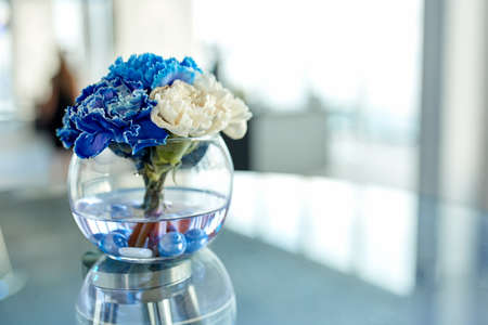 Blue and white orchids in a vase on the table, a beautiful arrangement of flowers in the office.の写真素材