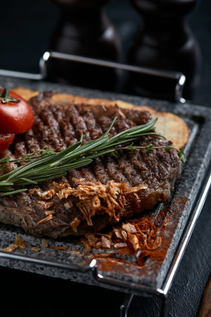Grilled steak with knife and fork carved on black stone slate. Steak on a hot marble stone. Copy space, dark background, food fashion photoの写真素材