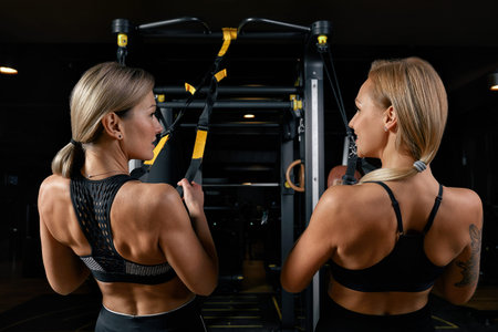 Brutal fitness two female friends with a muscular in the gym. Sports and fitness - concept of...